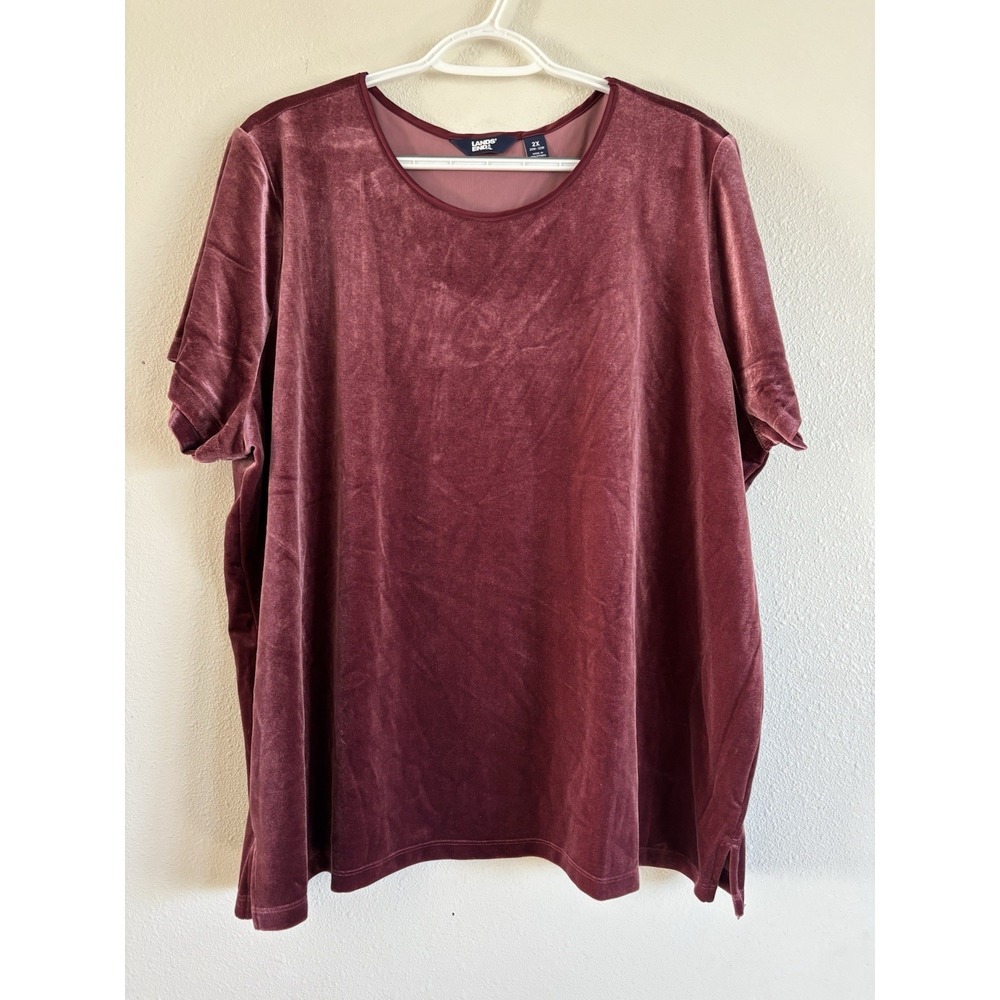 Lands End Velvet Velour Top Womens 2X Mauve Pink Stretch Short Sleeve